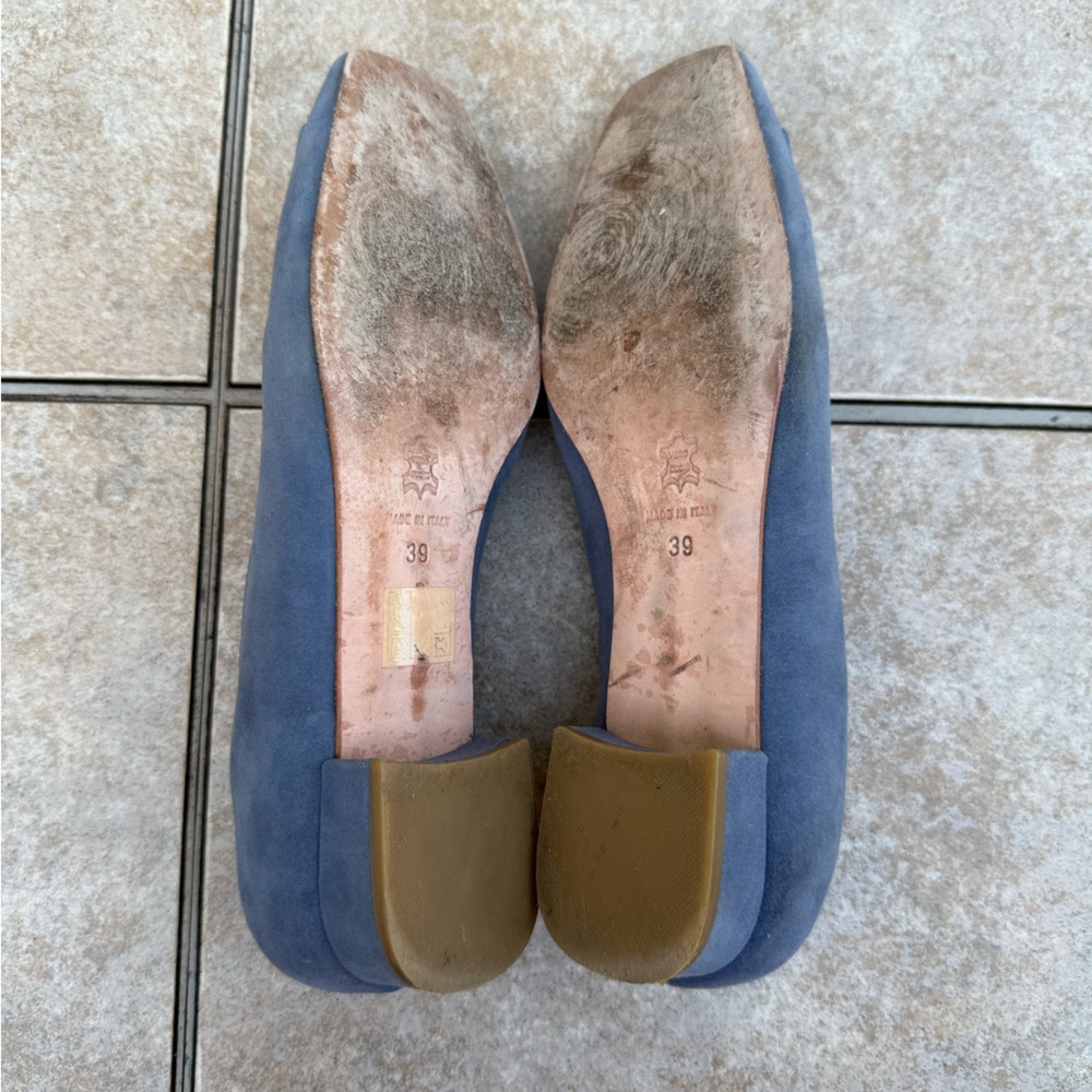 ANN MASHBURN Powder Blue Suede Low Block Heel Pumps with Decorative Buckle - Picture 13 of 14